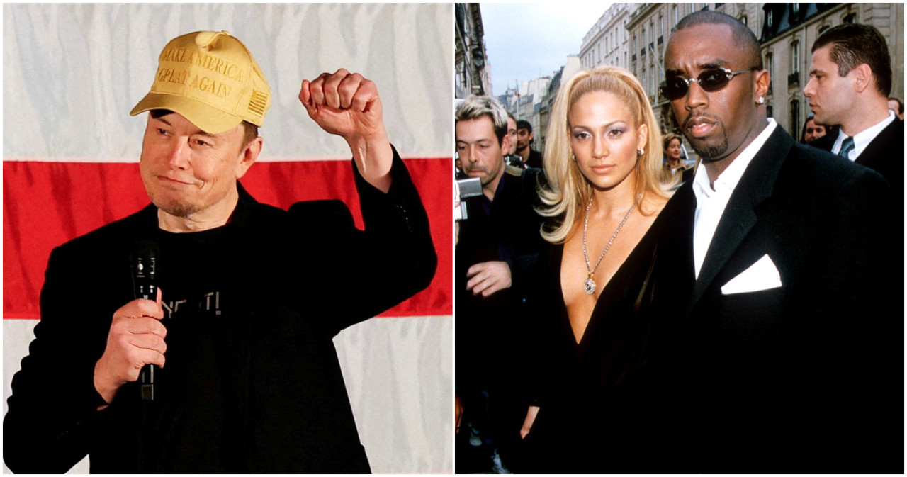 Elon Musk y Jennifer Lopez junto a "Diddy" Combs. Fotos: Reuters.