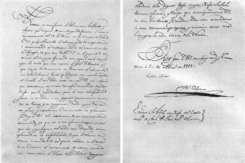 Carta de Belgrano a San Martín, felicitándolo por el triunfo en Maipú
